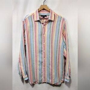 Cremieux 100% Linen Stripped Button Shirt Mens L Multicolor Artsy Holiday